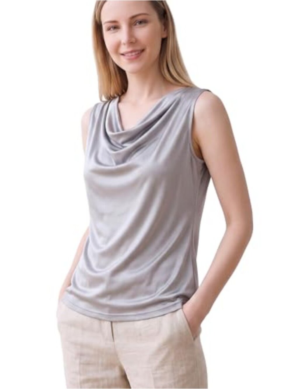 100% Mulberry Silk Tank Top Cowl Neck Sleeveless Blouse